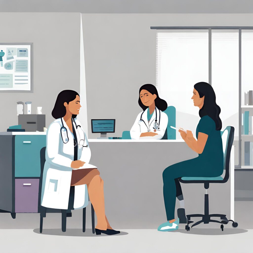 Illustration of medical staff sitting in a healthcare facility 