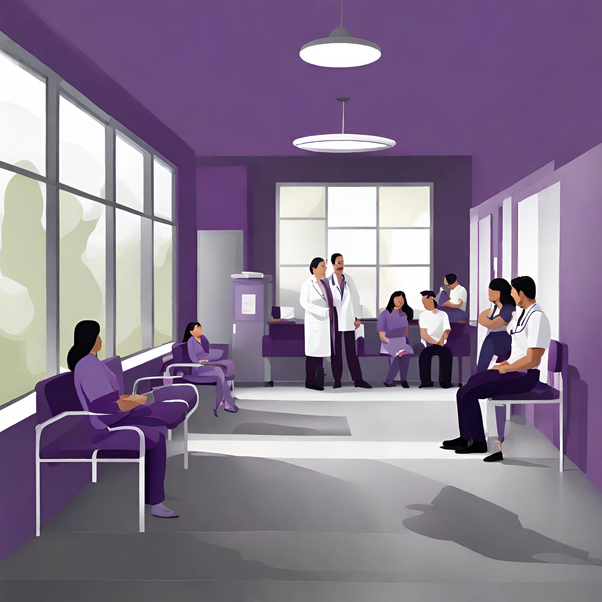 illustrated image of Yakima Free Clinic waiting room with nurses and patients